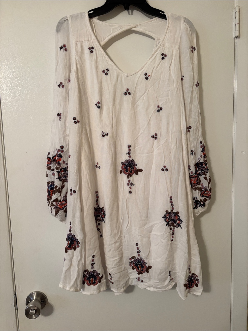 Free People Cream Mini Dress with Red and Blue Embroidery